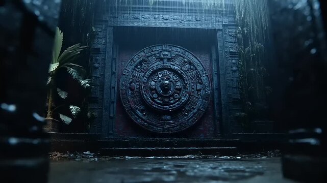 Mysterious ancient temple door surrounded by rain and lush plants create an atmospheric fantasy