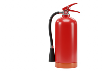 A realistic 3d rendered red fire extinguisher with a black hose and nozzle isolated on white isolated on transparent background