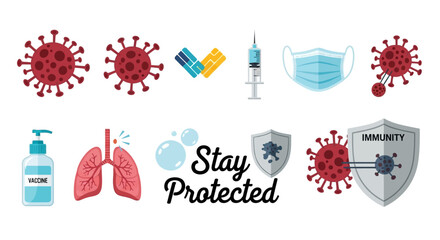 Stay protected concept illustration with a set of icons including virus, vaccine, face mask, sanitizer, and immunity shield for disease prevention.