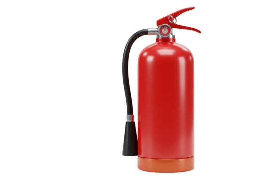 A realistic 3d rendered red fire extinguisher with a black hose and nozzle isolated on white isolated on transparent background - Powered by Adobe