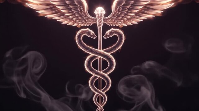 Glowing Caduceus with Smoke - A stylized Caduceus, the symbol of medicine, is depicted in glowing, metallic detail with large wings and two snakes intertwined.