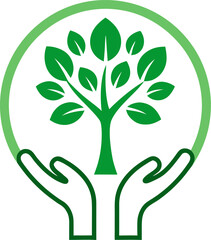 eco tree icons with hands holding plants, symbolizing growth, care, environment and sustainability