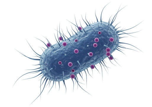 3d rendering of a blue bacterium with flagella and purple granules isolated on a transparent background