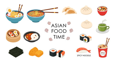 Vibrant Assortment of Delicious Asian Cuisine Dishes A Diverse Collection of Traditional Noodles, Sushi, Dumplings, and More