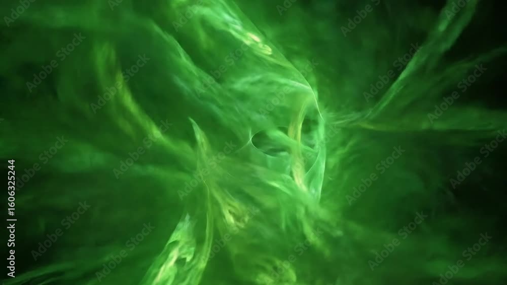 Poster ethereal green light flows and twists in captivating abstract patterns against a deep dark backgroun