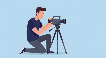 A dedicated videographer and photographer engaged in the creative process of film making with a professional camera.