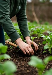 Fototapeta premium Gardener planting seedlings in rich soil with hands and small trowel