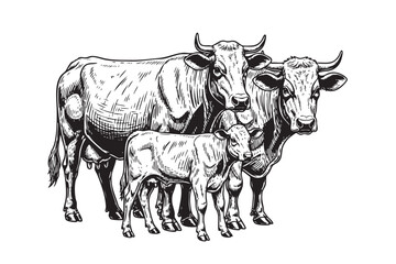 Rural vector illustration of a cow family, ideal for farm and agricultural themes.