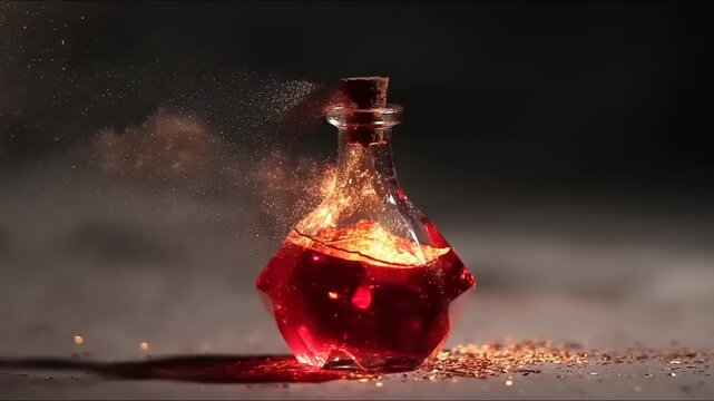 Mystical red potion in a glass bottle with magical dust for alchemy and fantasy themes