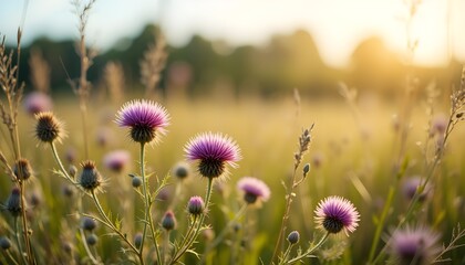 Dry Thistle Flowers in Sunlit Meadow – Warm Nature Scene with Soft Blurred Background