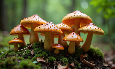 Cluster of Orange Mushrooms with Spiky Caps in Mossy Forest