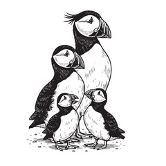 Charming vector illustration of a puffin family, perfect for nature and bird-themed designs.