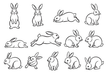Diverse vector set of cute rabbits in various poses, ideal for nature and animal themes.