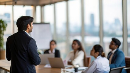 Blurred Indian Boardroom with Director Presenting Strategic Vision to Team
