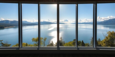 Expansive lake view through wide open windows, sunlight streaming in, property, window