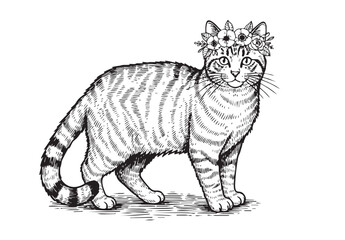 Whimsical vector illustration of a cat wearing a charming flower crown, perfect for cute and pet themes.