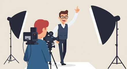 Behind the scenes of a film making production, a videographer or photographer records an actor in a professional studio.