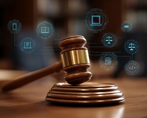 Gavel with Technology and Law Icons Overlay