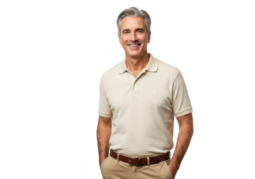A confident smiling middleaged man with gray hair dressed casually posing against a transparent background