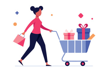 A woman is walking with a shopping cart full of gifts and a shopping bag, isolated on white background