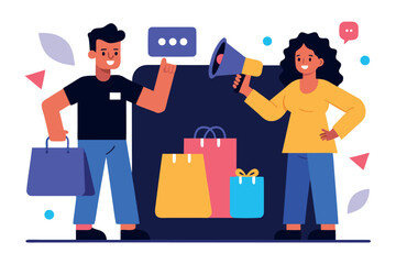 A man and woman promote online shopping with bags and a megaphone in a vector illustration