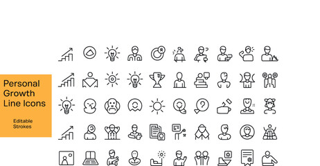 Collection of black line icons representing personal growth and development business icons