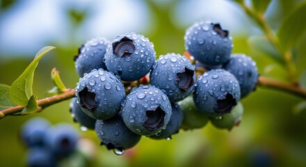Fresh Juicy Blueberries on the Bush Dew Drops Closeup Macro Photography