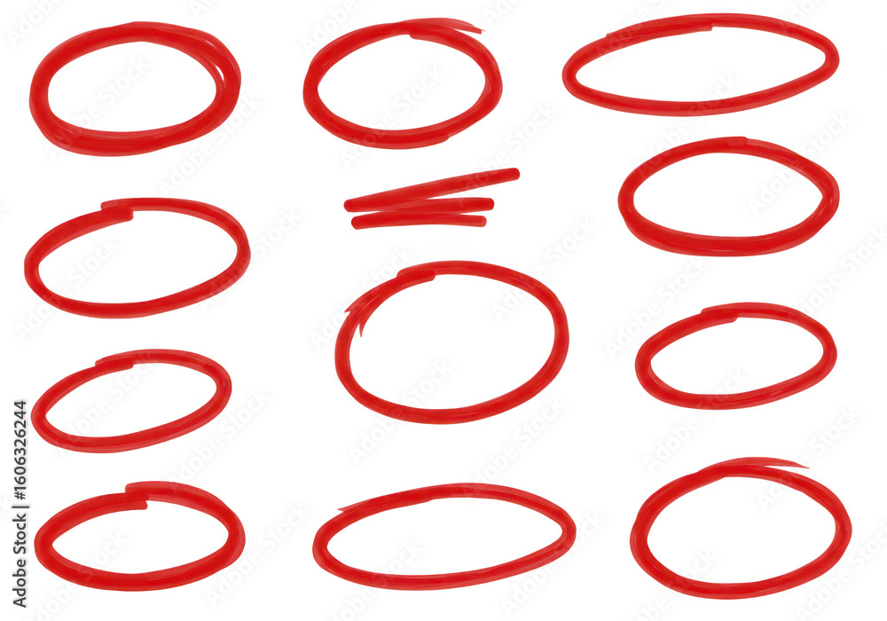 Poster various handdrawn red ovals and lines scattered on a transparent background used for highlighting