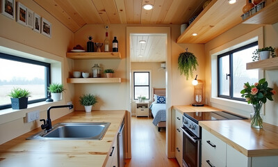 Cozy Tiny Home Kitchen and Bedroom with Natural Light