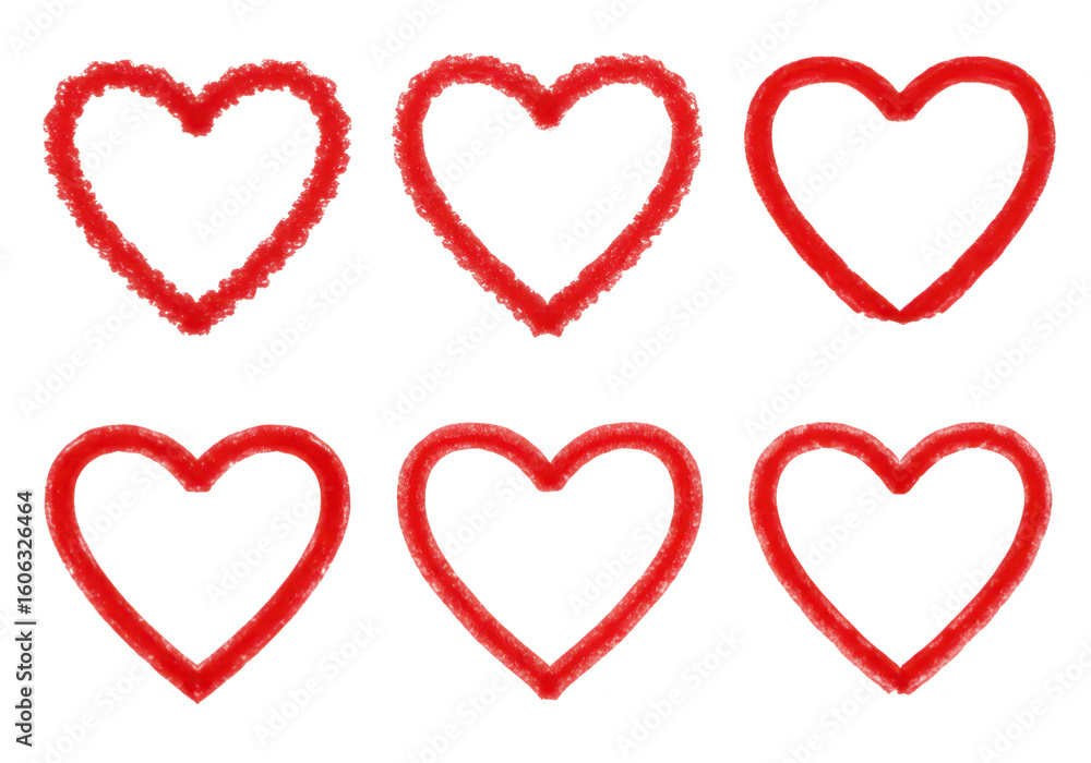 Aufkleber six red handdrawn heart shapes in two rows on a transparent background symbolizing love and affectio