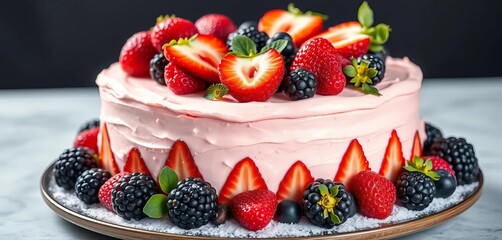 Luscious strawberry and blackberry cake, adorned with fresh berries,  berries,  homemade