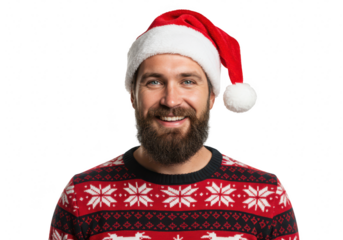 Smiling man with a beard wearing a santa hat and a festive christmas sweater isolated on white isolated on transparent background