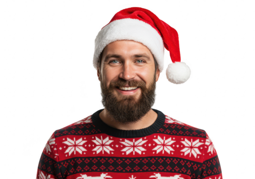 Smiling man with a beard wearing a santa hat and a festive christmas sweater isolated on white isolated on transparent background