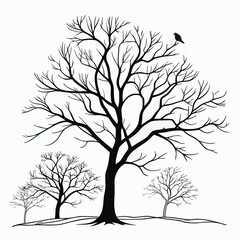 Minimalist black leafless trees with branches and a single bird line art black and white