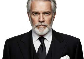 Distinguished older gentleman with a silver beard and formal black suit exuding confidence and sophistication isolated on transparent background