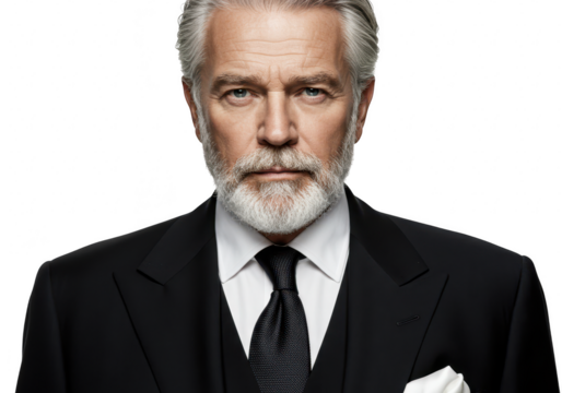 Distinguished older gentleman with a silver beard and formal black suit exuding confidence and sophistication isolated on transparent background