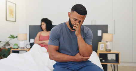 Frustrated couple, argument or disagreement with stress in bedroom for fight or toxic relationship....