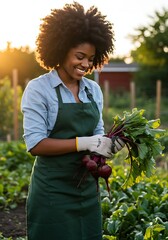 Smiling black woman farmer harvesting fresh beets in a garden at sunset
