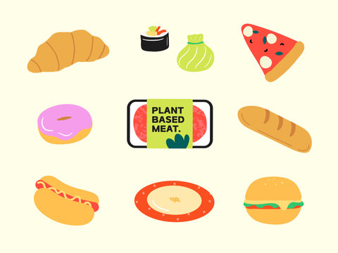 Food Set Vector Illustration. Bakery. Junk food. Fast food. Vegan. 
