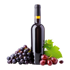 Red wine bottle with grapes and leaves
