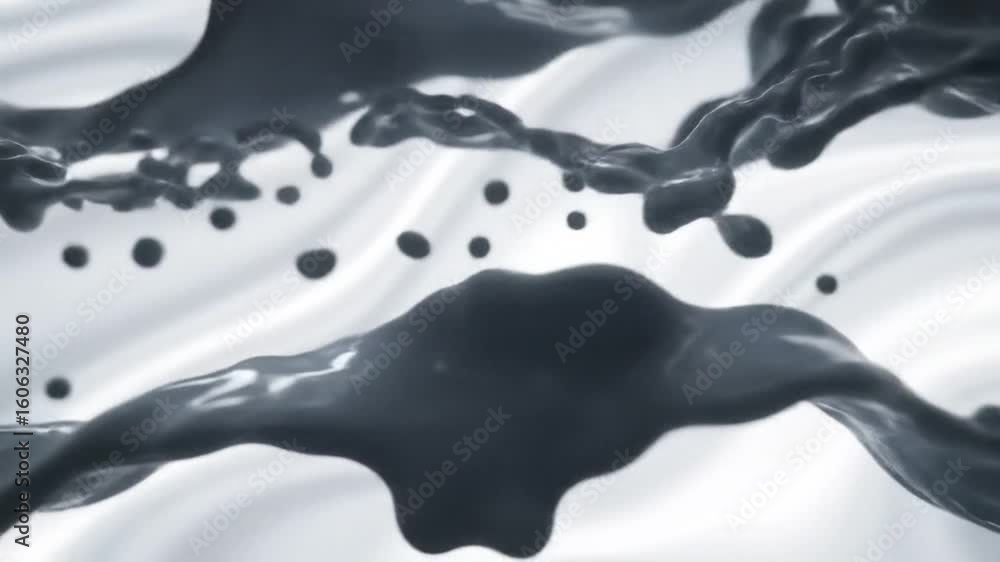Poster abstract dark liquid streams with splashes and droplets flow dynamically on a light textured backgro