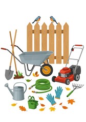 Collection of gardening tools and equipment with a wooden fence and birds