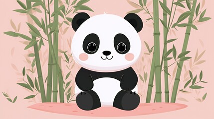 Naklejka premium Adorable Baby Panda Sitting Among Bamboo Plants