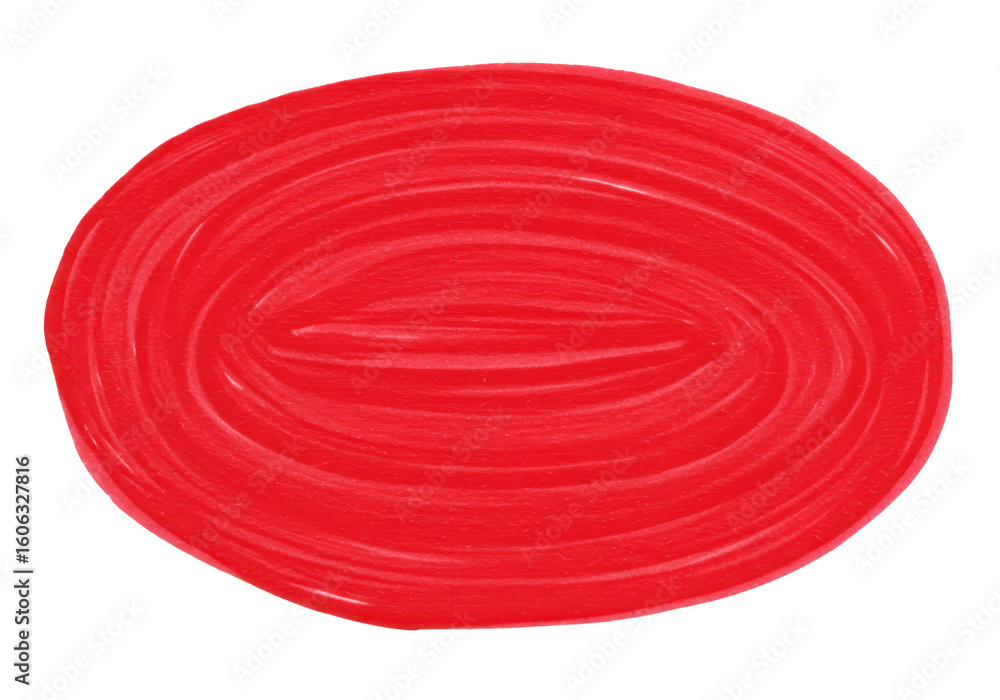 Poster a bright red oval shape with textured brush strokes creating a vibrant and artistic element isolated