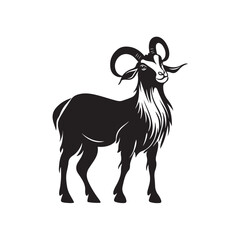 Hand drawn vector illustration of a curved big horned goat sketch located on a white background.