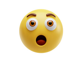 A 3d rendered yellow emoji face with wide open eyes and mouth expressing shock and surprise isolated on transparent background