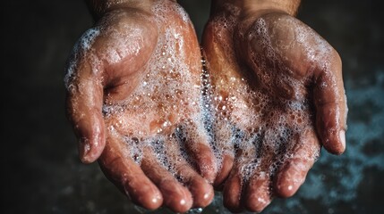 Fototapeta premium Hands covered in sudsy soap bubbles.