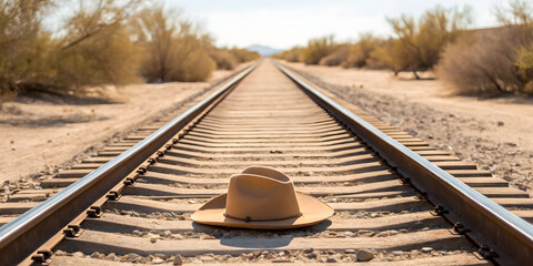 Desert railroad path with cowboy hat under blazing sun