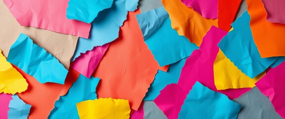 Vibrant, overlapping scraps of torn paper in bold hues, creating an abstract collage,  design,  vibrant