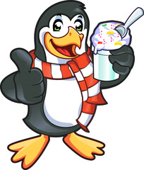Cartoon Penguin Holding Ice Cream and Smiling
